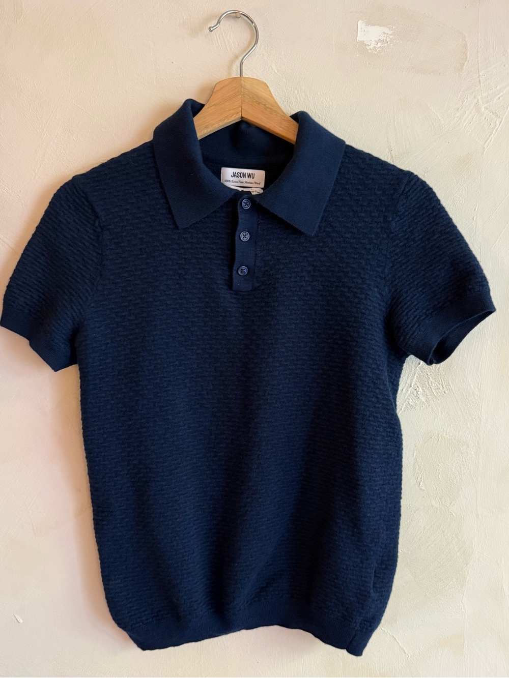 Jason Wu | Navy Merino Wool Knit | Polo Shirt | Short Sleeve Textured Sweater